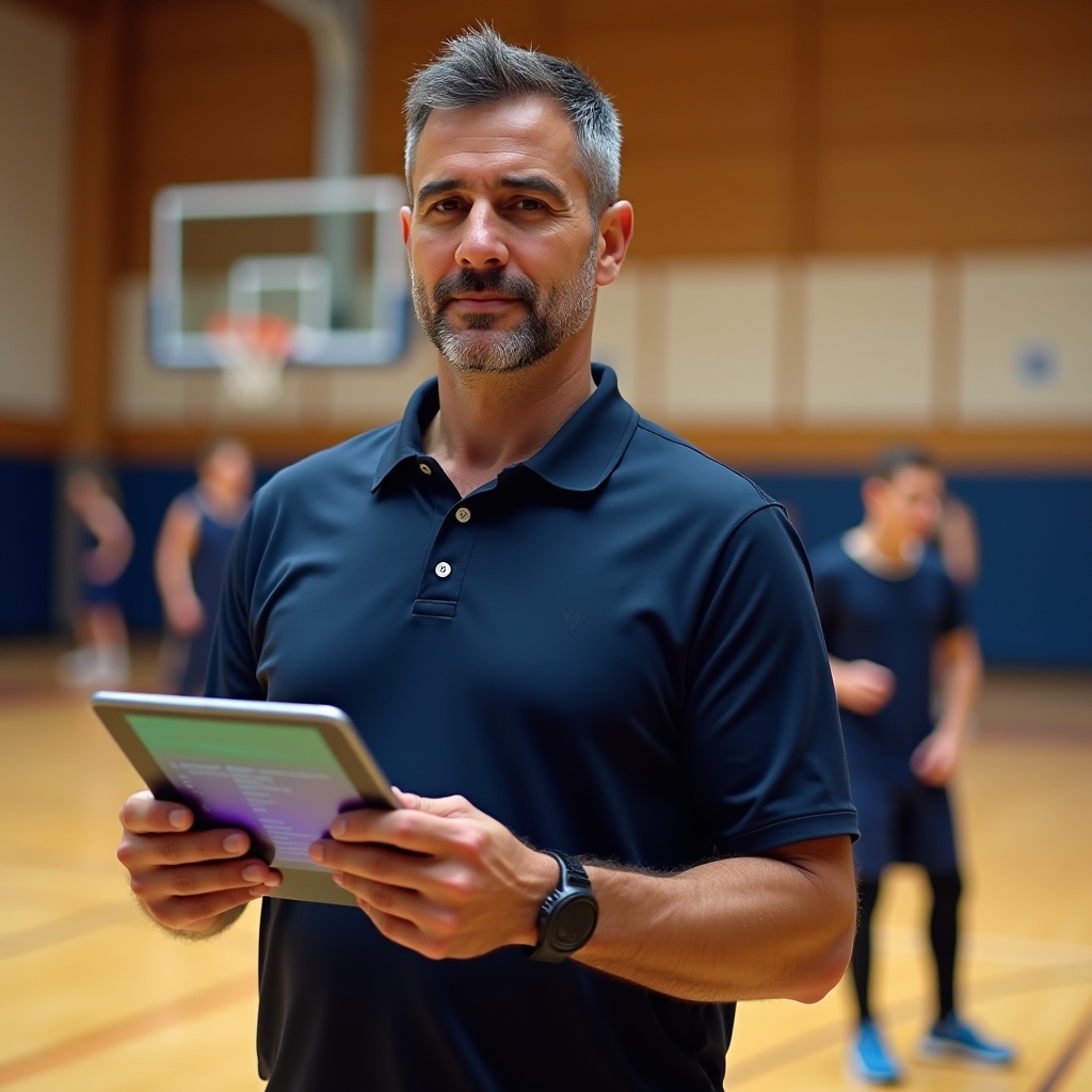 Allenatore che registra le presenze degli atleti su tablet